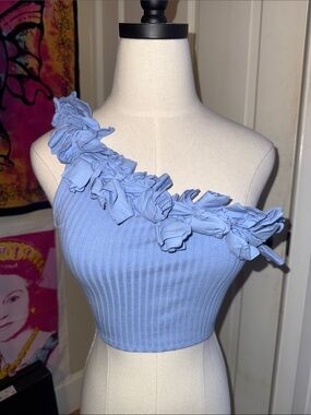 Zara Light Blue Ribbed One-Shoulder Crop Top